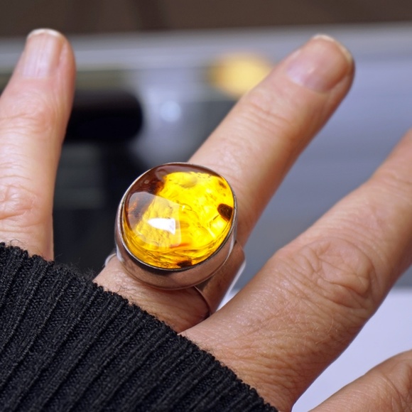 HANDMADE Jewelry - BOLD AMBER RING WITH 925 SILVER ADJUSTABLE UNISEX